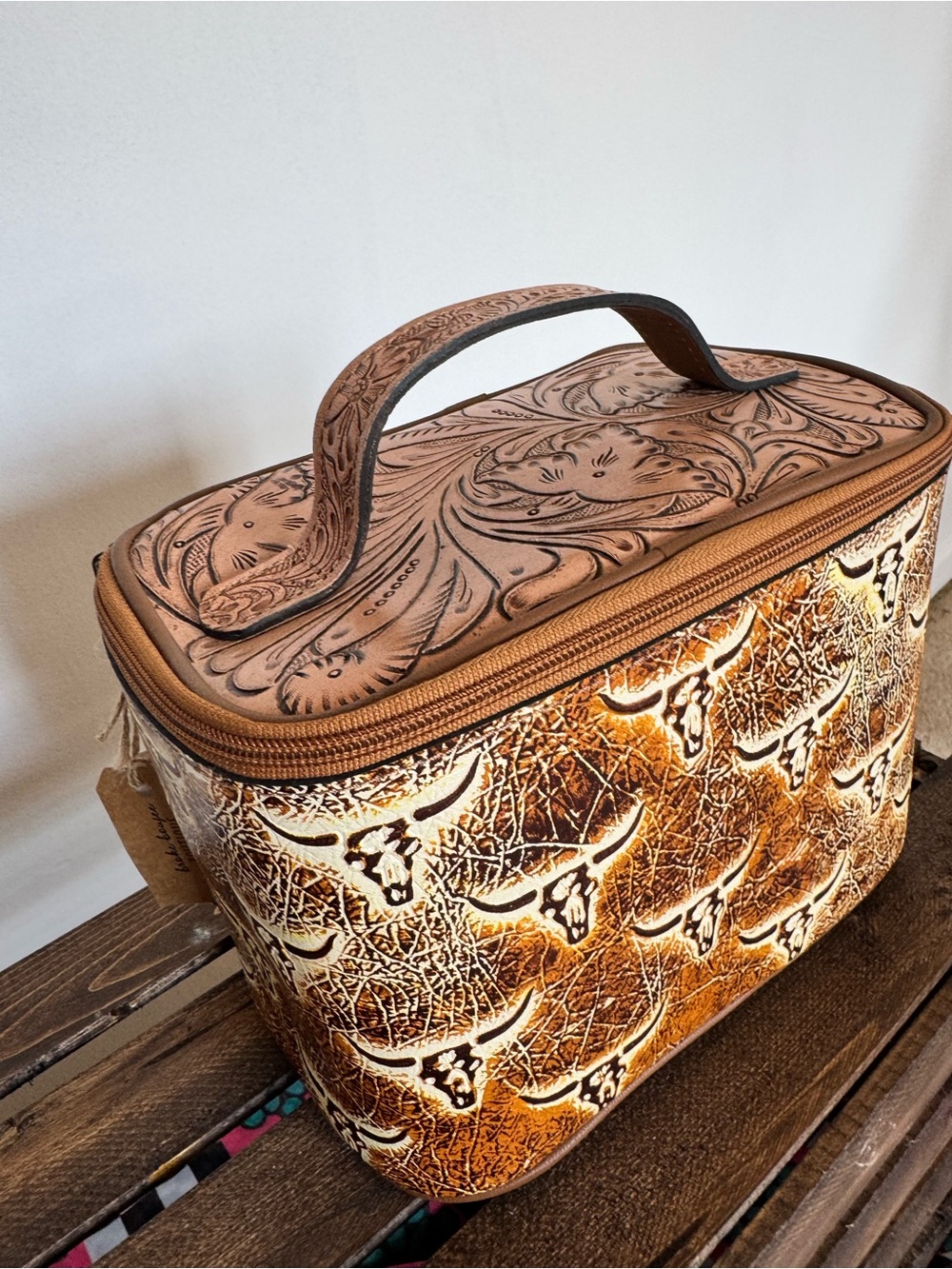 Tooled Brown Leatherette Cosmetic Case with Longhorn Accent